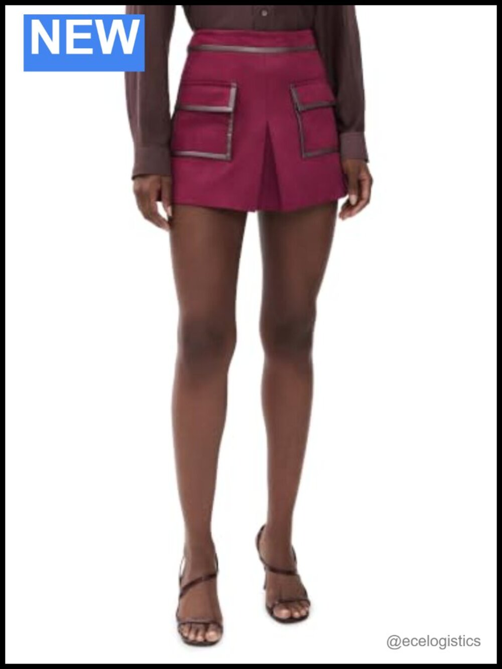 Faux Suede Mini Skirt Pleated Work Skirt with Faux Leather Trim